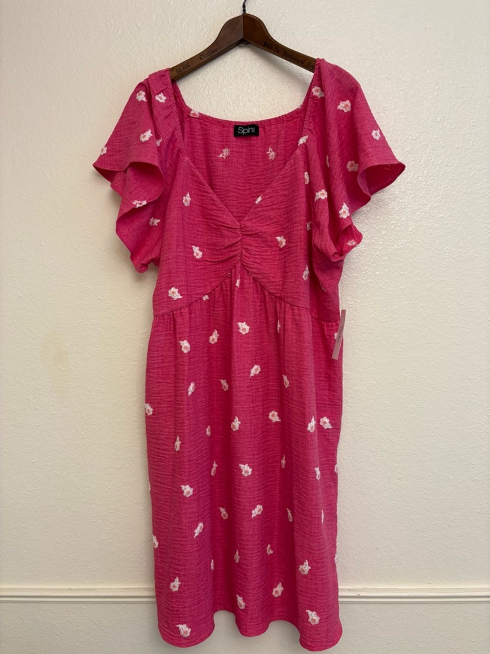 Spin USA Fuschia Floral Embroidered Midi Dress Square Neck Flutter Sleeve XL 2XL